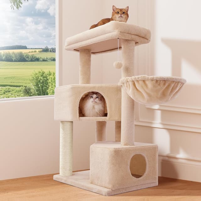 Detalle de Gardner Pet Katzenbaum groß (105 cm) mit Kratzsäule, 2 Höhlen und Plattform – Beige