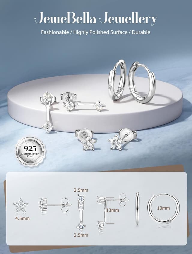 Detalle de JeweBella 3 Paar Ohrringe Set aus 925 Silber (vergoldet, Zirkonia & Creolen) für Damen