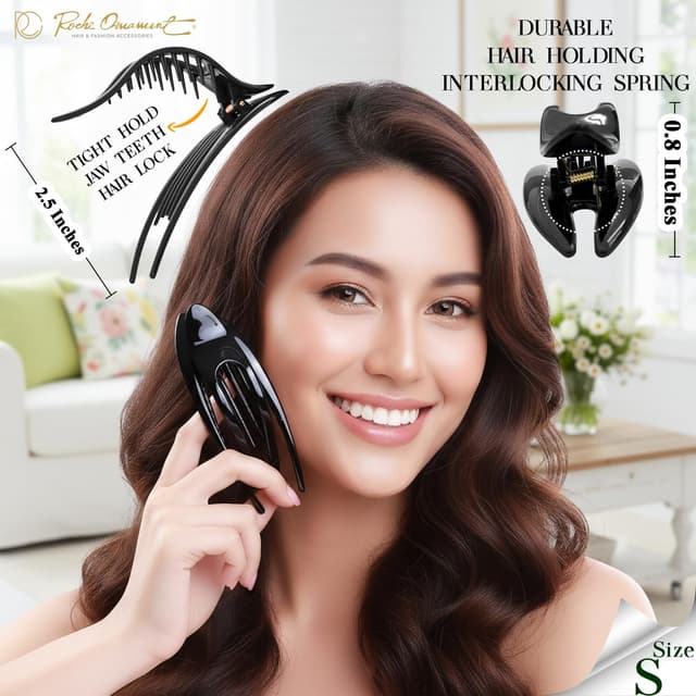 Detalle 2 de RC ROCHE Französische Haarspangen (6er-Set, klein) – gewellt, fester Halt, flache Clips in Schwarz