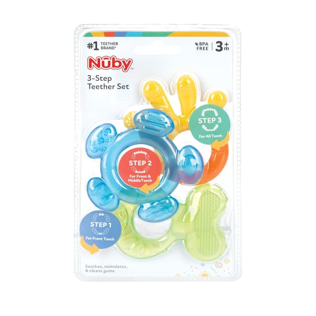 Detalle 2 de Nuby 3-stufige Beißringe (3 Beißspielzeuge) für die Zahnungszeit ab 3+ Monaten – BPA-frei