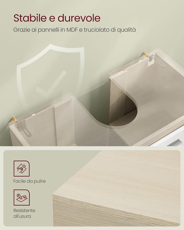 Detalle 2 de VASAGLE Mobile sottolavabo BBK514LL01 30 x 60 x 64 cm bianco nuvola e beige naturale, con 3 cassetti laterali