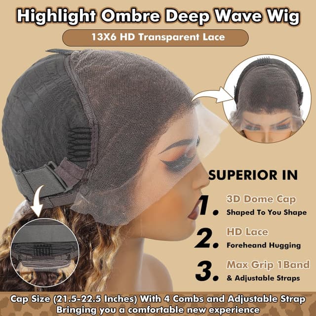 Detalle de Myzebo 32-Inch Ombre Lace Front Wig (13x6 HD Lace, Deep Wave, Honey Blonde Highlight)