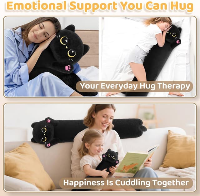Detalle 2 de Mewaii 44in long cat plush body pillow (Black Cat) for hugging, lounging and sleep