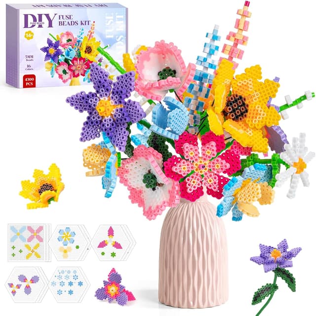 Detalle de WEVOL Bügelperlen Bastelset Blumen mit 4.300 Steckperlen (5 mm), 16 Farben, 14 Vorlagen & Aufbewahrungsbox