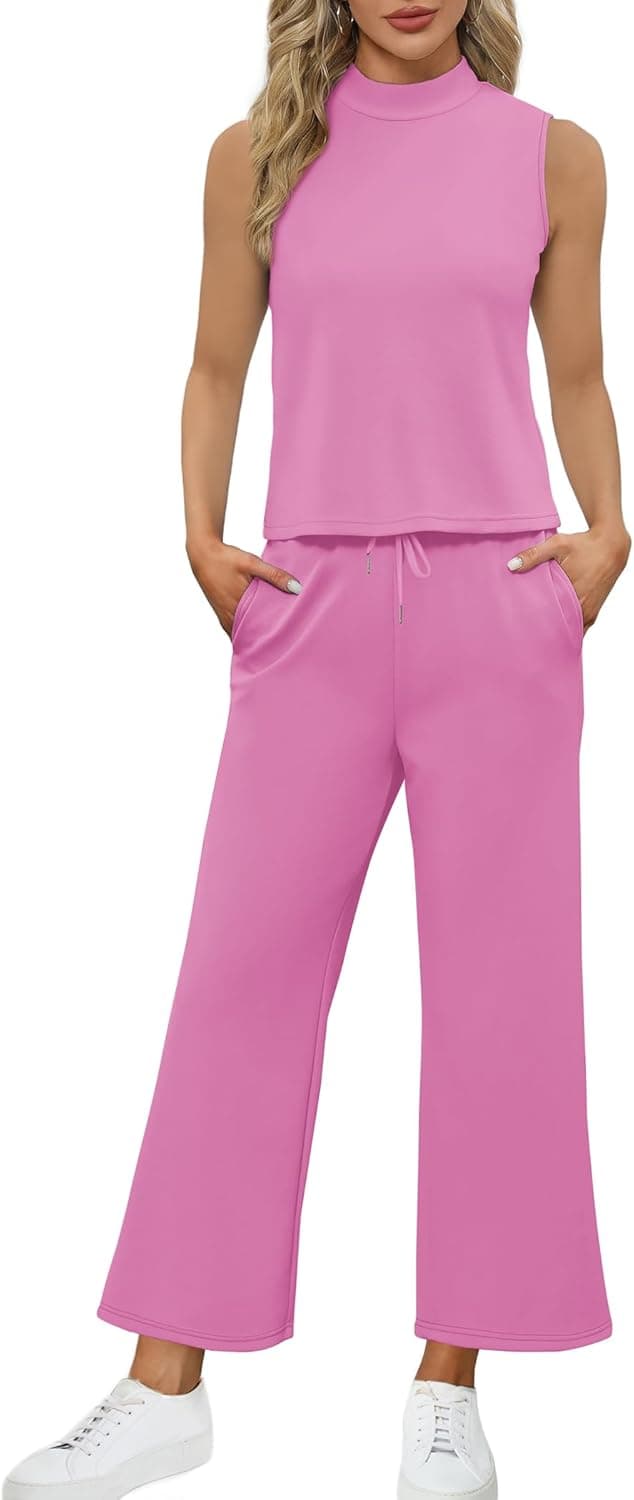 Detalle de SAMPEEL Two-Piece Women’s Summer Lounge Set with Mock Neck Top & Wide-Leg Crop Pants