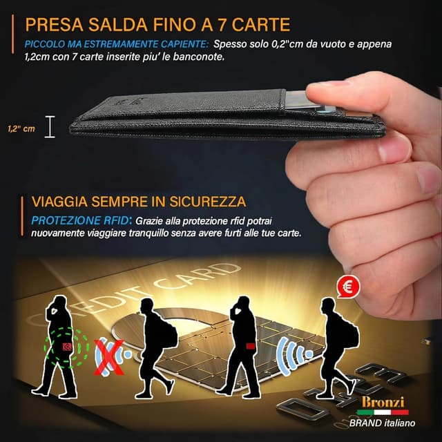 Detalle de Bronzi portafoglio sottile RFID Nero in similpelle Saffiano: mini porta tessere e carte
