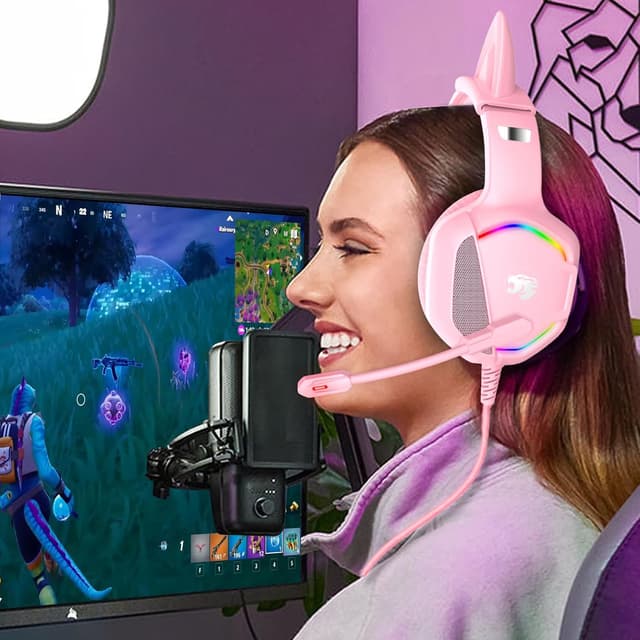 Detalle 2 de IMYB Gaming Headset with Microphone (Pink) — PC, PS4/PS5, Xbox One, Switch wired over-ear