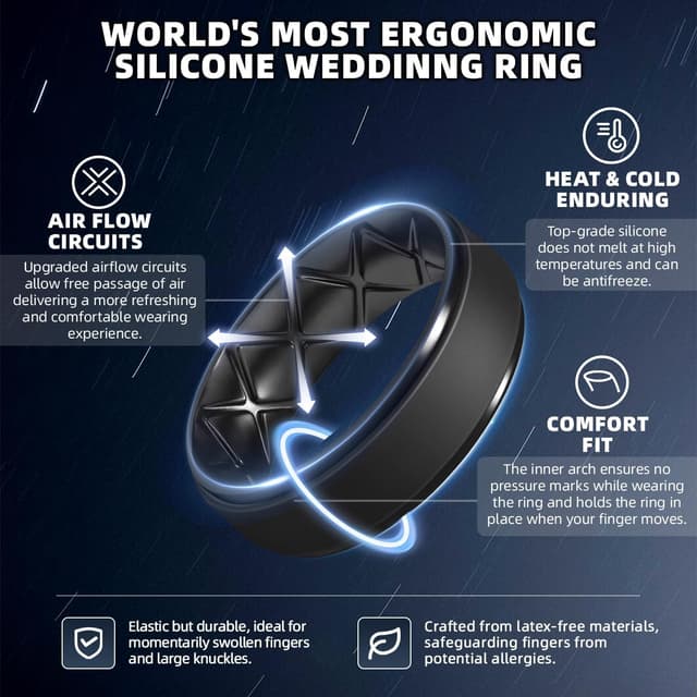 Detalle 2 de Egnaro Men’s Silicone Wedding Bands (8.5mm wide, 2mm thick, ergonomic inner arc) — breathable & hypoallergenic gym/outdoor ring