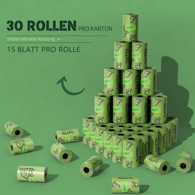 Detalle 2 de Blanlody Hundekotbeutel (450 Stück) biologisch abbaubar mit Duft, inkl. 30 Rollen à 30 x 22 cm