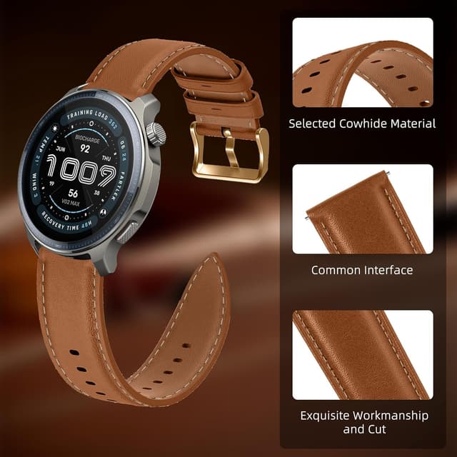 Detalle de LanQii Lederarmband (22 mm) für Amazfit Active Max, T-Rex 3 Pro & weitere Modelle, braun