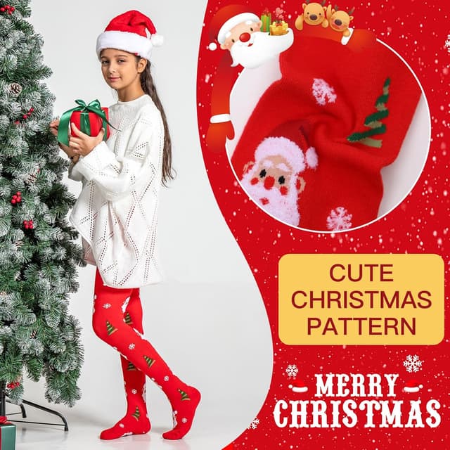 Detalle de Yilanmy Weihnachts-Strumpfhose für Mädchen (2er-Pack), rot mit Weihnachtsmotiven