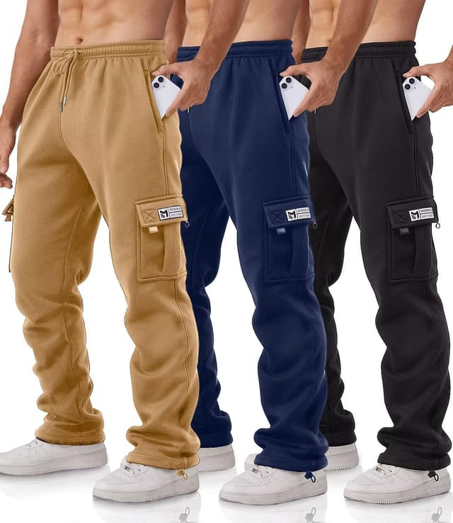 Detalle de Minorlee Cargo Pants for Men 3-Pack Relaxed Fit Fleece Joggers with Pockets