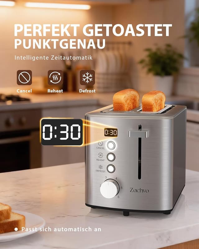 Detalle de Edelstahl 2-Scheiben-Toaster mit LED-Countdown & 3,5-cm-Schlitzen, 6 Bräunungsstufen und Brötchenaufsatz (silber)