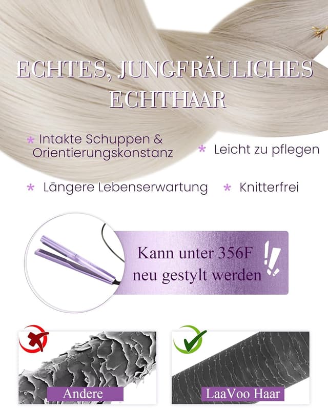 Detalle 2 de LaaVoo Bonding Extensions aus Echthaar (Platinblond), U-Tip Keratin Bondings, 1 g/s, 40 cm, 50 g (#60)