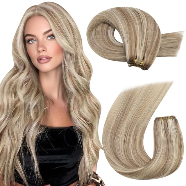 Detalle de Moresoo Blonde Highlight Sew-In Weft Human Hair Extensions (Silk Straight), Light Brown with Blonde, 22-inch 140g