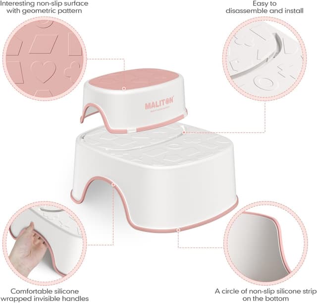 Detalle de Maliton Toddler Toilet Seat with 2 Step Stool (Pink) – Anti-Slip, Handles & Splash Guard for 1–8 Years