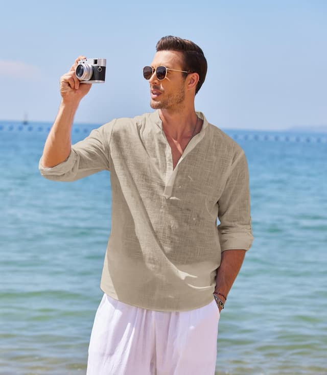 Thumbnail 5 de COOFANDY Men's Cotton Linen Henley Shirt