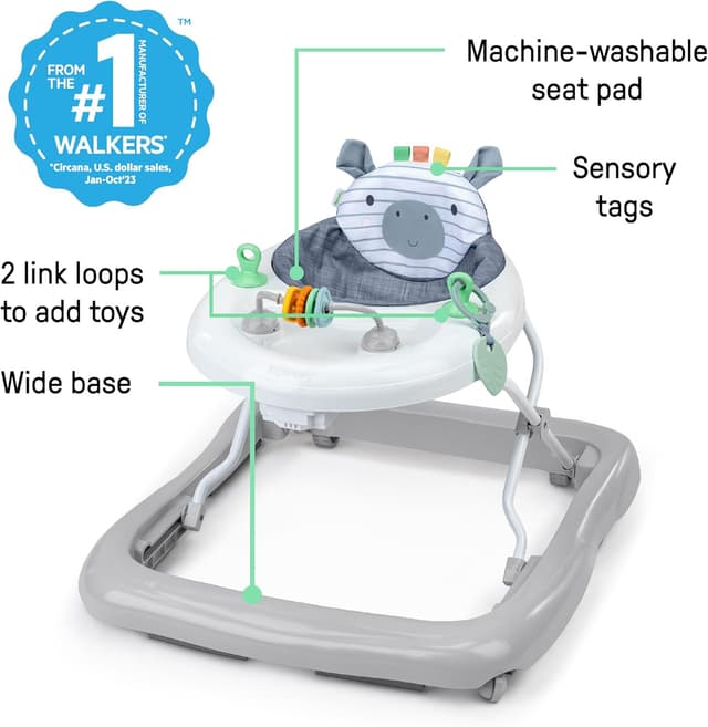 Detalle de Ingenuity Smooth Strides Activity Walker (Chambray) – 3-position heightbar developmental walker for 6–12 months