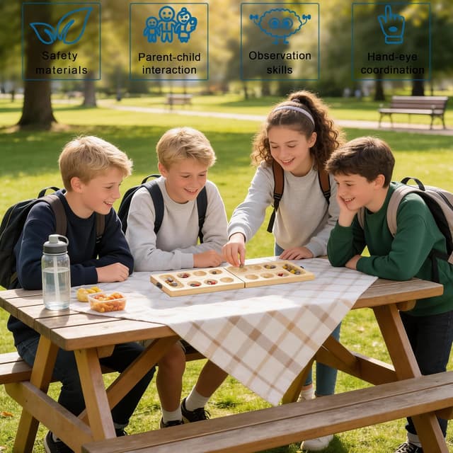 Detalle de Mancala Steinchenspiel (Kalaha/Hus/Bao) aus verdicktem Naturholz mit bunten Steinen & Aufbewahrungsbeutel