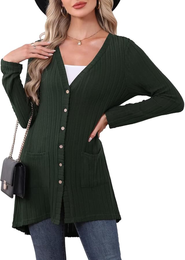Detalle de YGJIEGENG Women’s Long Sleeve Open-Front Cardigan with Pockets, Ribbed Knit (M–3XL)