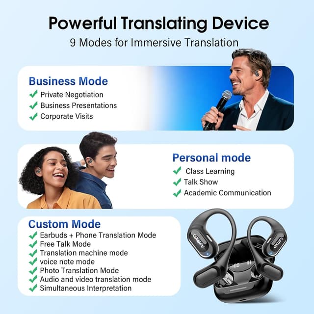 Detalle de QXUFV AI Écouteur traducteur instantané Open-Ear 164 langues — IPX7, autonomie 60 h, 9 modes