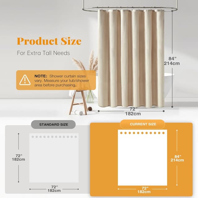 Detalle de BTTN Extra Long Fabric Shower Curtain Set (84 Inch) with 12 Plastic Hooks, Linen-Textured 72"x84" Beige/Cream