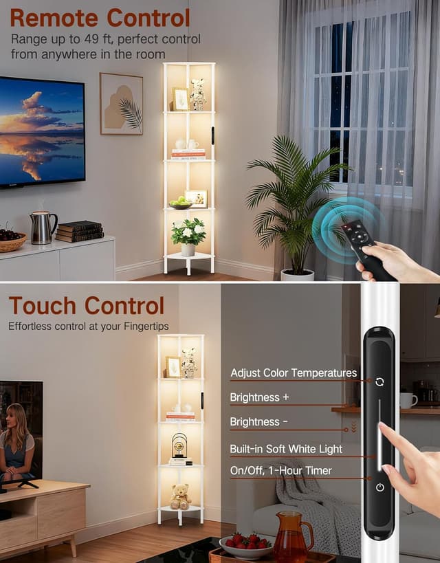 Detalle 2 de OUTONLIFE 5 Tier Corner Floor Lamp with Shelves (LED, Touch & Remote, Dimmable, White)