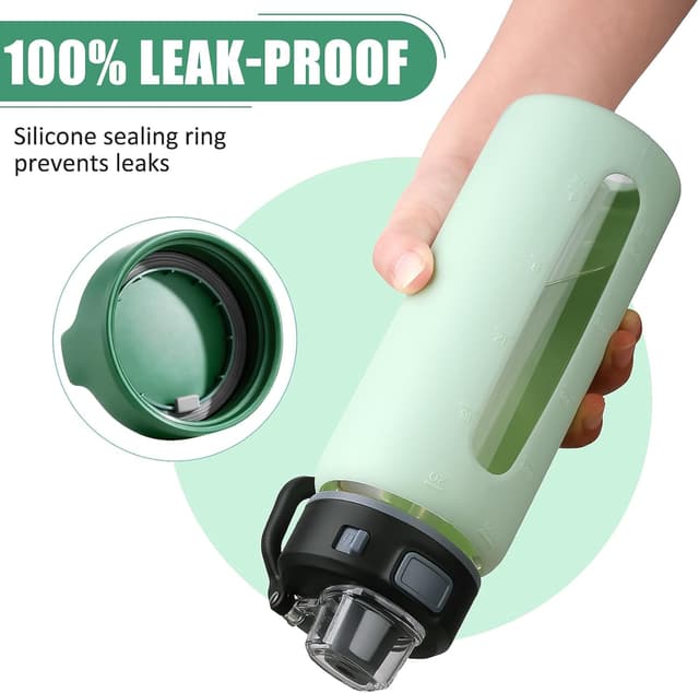 Detalle de BLUEGO Glas-Wasserflasche 600 ml mit 2 Deckeln & Zeit-Skala (Borosilikat, BPA-frei) – hellblau