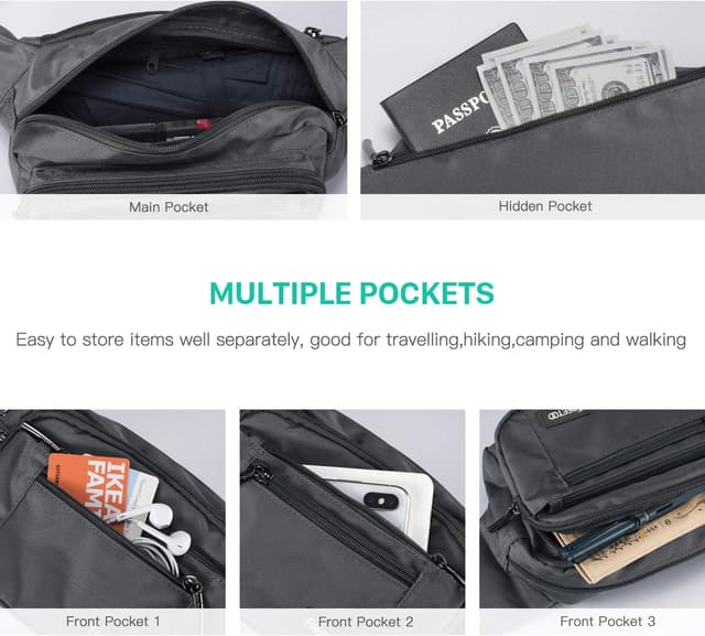 Detalle 2 de FREETOO Gürteltasche für Damen und Herren mit 6 Reißverschlusstaschen – wasserdichte Bauchtasche für Hundespaziergänge, Laufen & Reisen