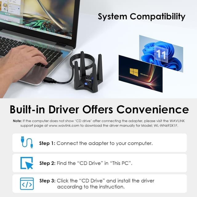Detalle 2 de Wavlink AX1800 USB WiFi Adapter for Desktop PC (WiFi 6, Dual Band 5GHz + 2.4GHz, USB 3.0)