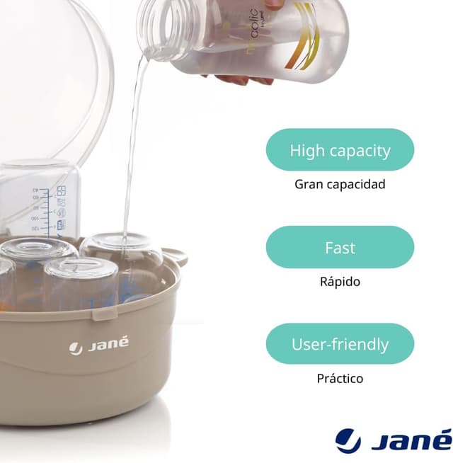 Detalle de Stérilisateur micro-ondes Jané pour 6 biberons, avec panier tétines et pince, sans BPA (gris)