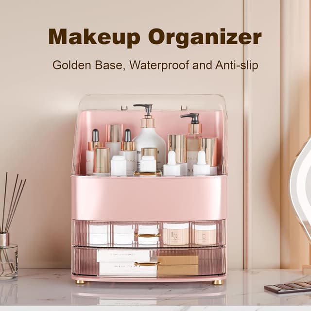 Detalle 2 de lurcns Makeup Organiser with Drawers (Pink) – vanity storage box with lid