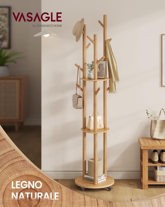 Detalle de VASAGLE Attaccapanni da terra RCR023YK01 con 11 ganci e 3 ripiani, 4 ruote 360° rimovibili