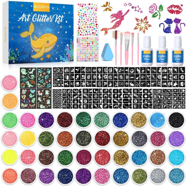 Detalle de Bledras Glitzer Tattoo Set für Kinder – 42 Farben, 210 Schablonen & Strass zum Aufkleben