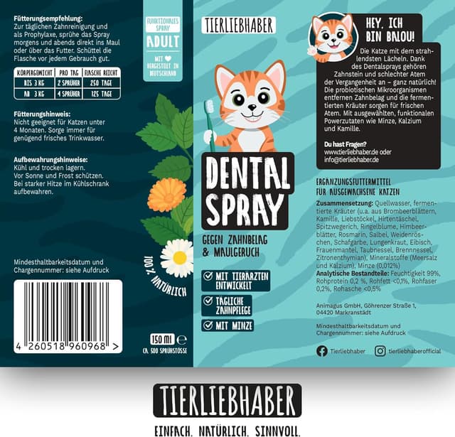 Thumbnail 6 de TIERLIEBHABER Katzen Zahnpflege Dentalspray – 100% natürlich, gegen Mundgeruch & Zahnstein (tierärztlich entwickelt)