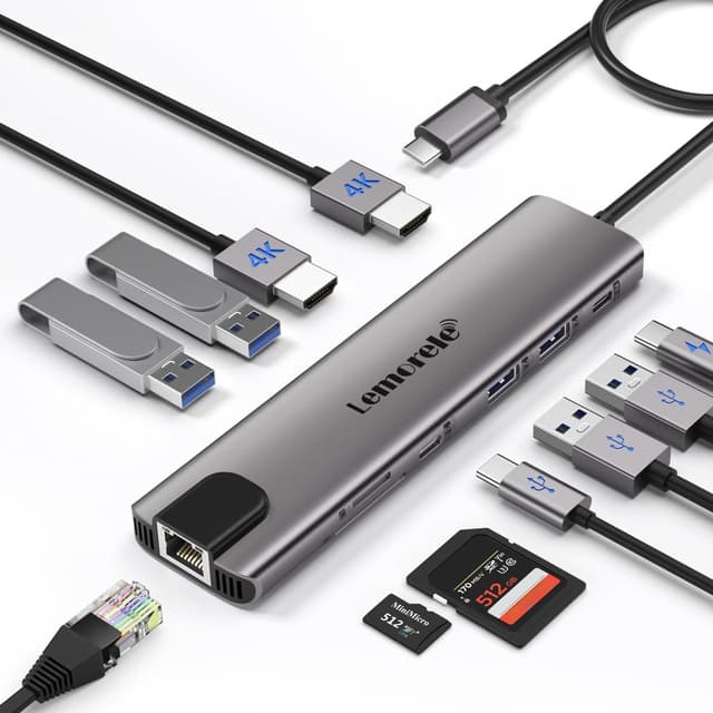 Detalle de Aluminium USB-C Docking Station mit Dual-HDMI, Gigabit Ethernet, 1000 Mbps, 100 W PD und SD/TF – USB-C Hub 2 HDMI