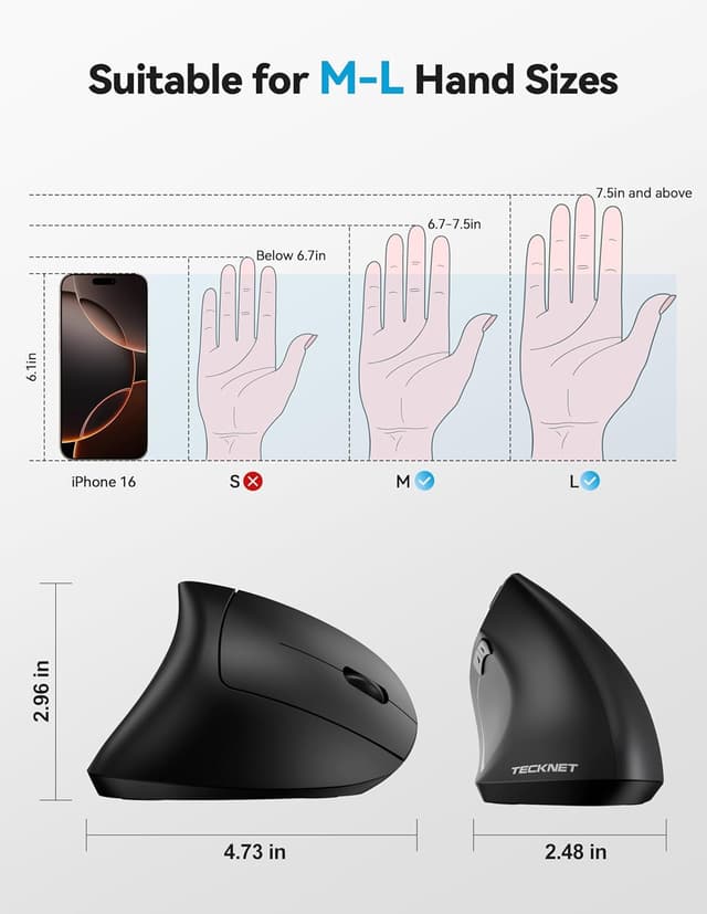 Detalle de TECKNET Ergonomic Vertical Mouse (Bluetooth Rechargeable, 6-button) — Right-handed, 4800 DPI, Silent clicks