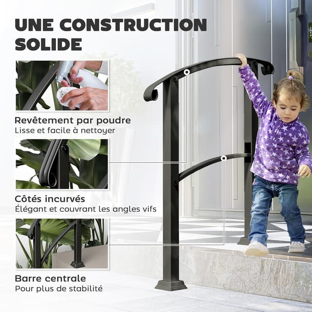 Detalle de Outsunny Rampe d’escalier extérieure pour 1 à 3 marches avec main courante et kit d’installation, angle réglable jusqu’à 45°, noir