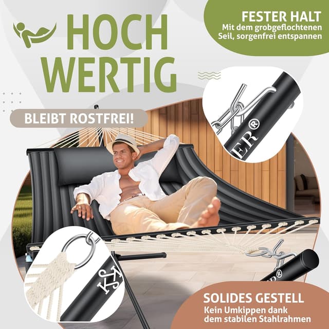 Detalle de KESSER® Hängematte Hill mit Gestell, Kissen & Doppel-Hängesessel für 2 Personen (bis 200 kg), Anthrazit