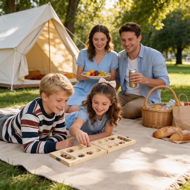 Thumbnail 6 de Mancala Steinchenspiel (Kalaha/Hus/Bao) aus verdicktem Naturholz mit bunten Steinen & Aufbewahrungsbeutel