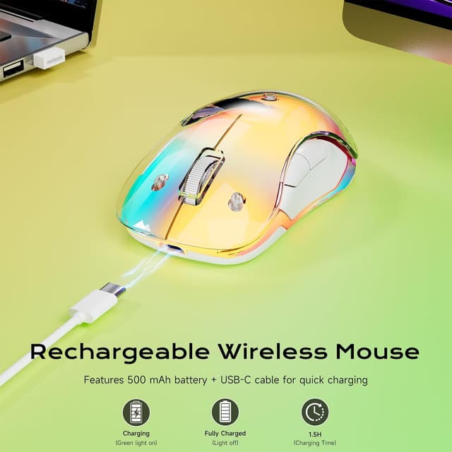 Detalle de memzuoix LED Wireless Mouse (Rechargeable 2.4G) – Ergonomic optical cursor control with RGB lighting, yellow