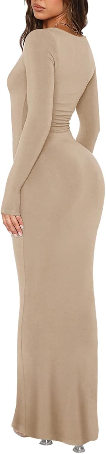 Detalle de REORIA Damen Maxikleid mit quadratischem Ausschnitt und langen Ärmeln – figurbetont lässig gerippt