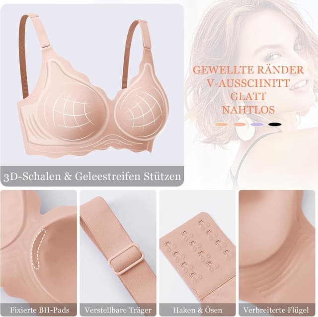 Detalle de Ganado Damen nahtloser BH ohne Bügel mit tiefem V-Ausschnitt & gewellten Kanten