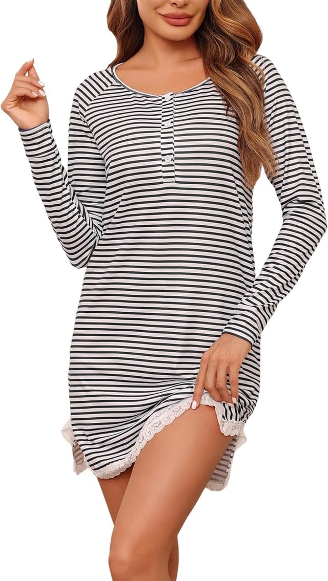 Detalle de Uniexcosm chemise de nuit femme à rayures en coton mélangé, manches longues