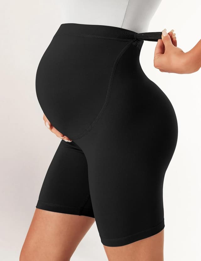 Detalle de BAYDI Creamlush Umstandshose kurz – Schwangerschaftsleggings mit verstellbarem Bund (13 cm)