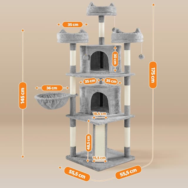 Detalle de Yaheetech Albero per gatti alto 174 cm con 7 punti graffianti, 3 piattaforme e scala a più livelli (grigio chiaro)