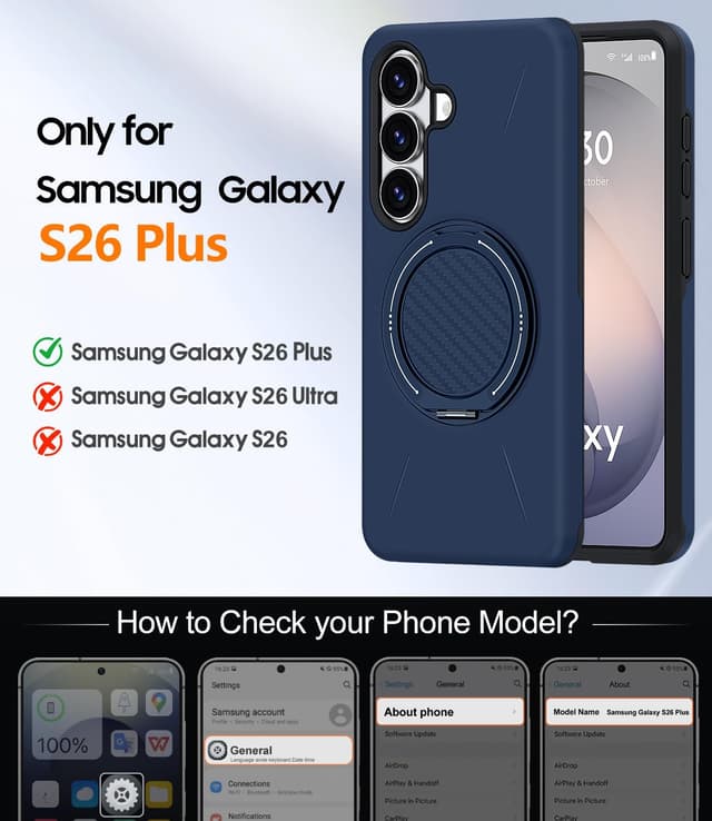 Detalle 2 de AOUIA Galaxy S26 Plus case with 2-pack screen protectors and 360° rotating kickstand (Blue)