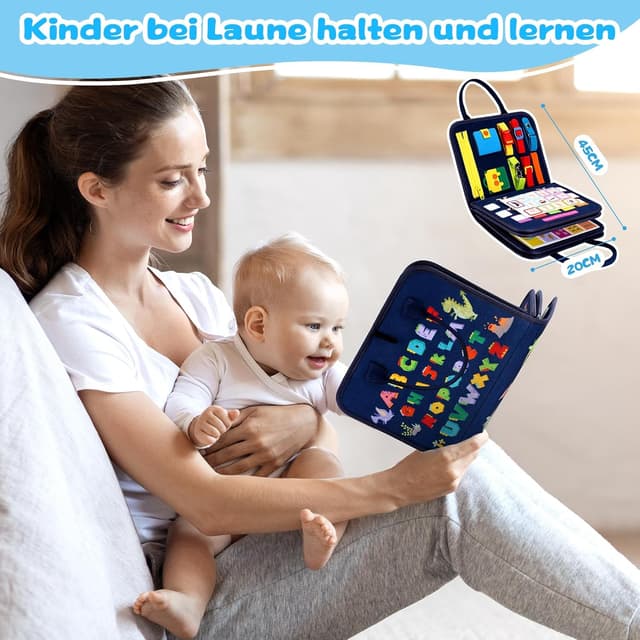 Detalle 2 de Uilfsur Montessori Busy Board (Deutsch) ab 1 Jahr – Motorik- und Aktivitätsbrett mit Dinosaurier-Thema