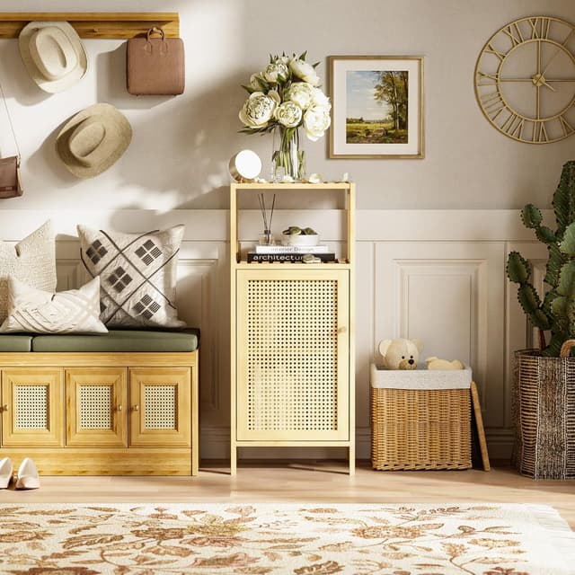 Detalle de HITNET Rattan Badezimmerschrank mit Einzeltür – schmaler Bambus-/Rattan-Bodenschrank für enge Ecken