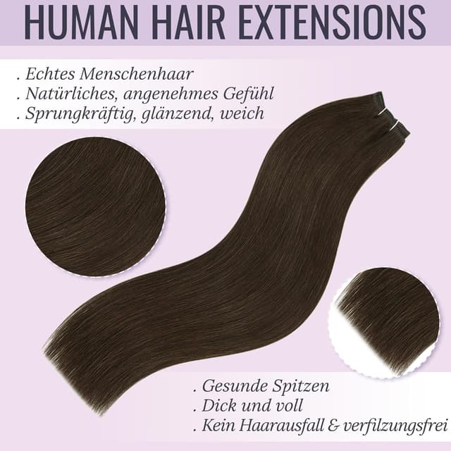 Detalle de Fshine Echthaar-Tressen zum Einnähen Dunkelbraun (60 cm), 100 g – für natürliche Haarverlängerungen